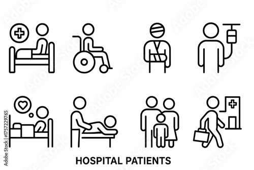 Set of black and white line icons depicting hospital patient situations