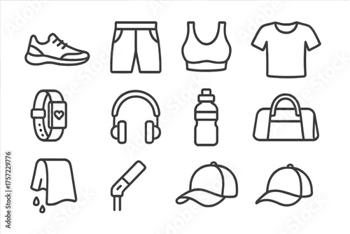 Set of 12 black line sports and fitness icons for gym and workout