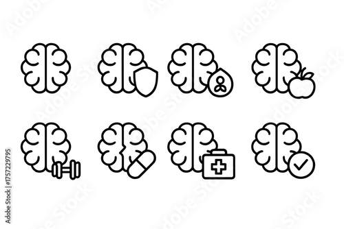 Set of black and white brain outline icons with associated symbols for mental and brain health