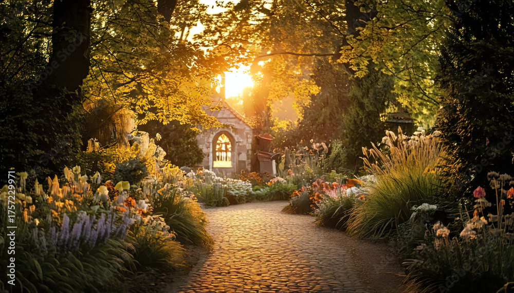 Fototapeta premium Sunlight filters through lush green trees over cobblestone path surrounded by colorful flowers and plants, creating warm, magical garden atmosphere at golden hour