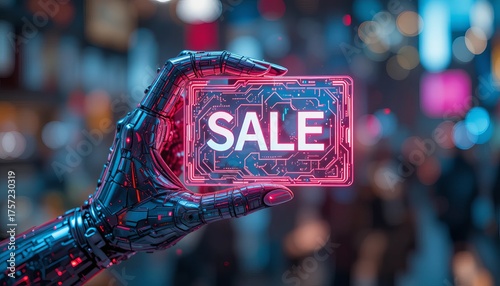Robotic hand holding neon sale sign against blurred city background at night time
