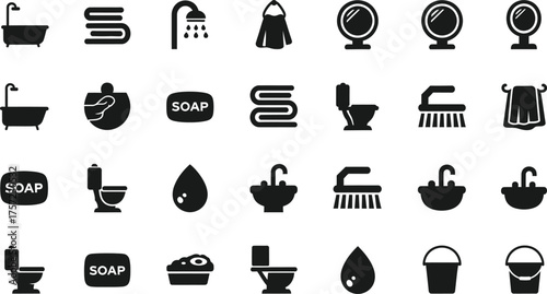 Collection of bathroom and hygiene icons including bathtubs toilets sinks mirrors soap and towels isolated on transparent background