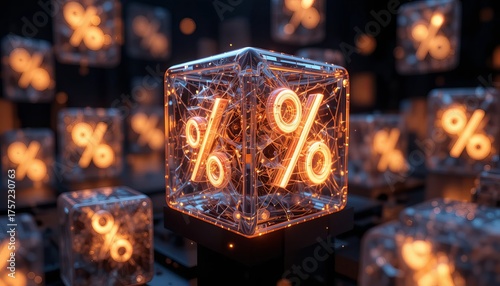 A close up of glowing percentage signs inside transparent cubes against a dark background