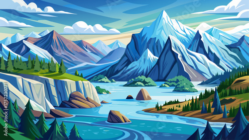 Very beautiful Glacier Bay National Park watercolor illustration, hand-drawn in soft blue and white tones, depicting glaciers, mountains, and calm ocean waters, capturing Alaska’s pristine natural 
