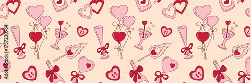 Festive seamless pattern with pink elements in a coquette aesthetic for Valentine's Day and girls bachelor party. Holiday background in doodle style for wedding, gift wrap, diary and scrapbook.