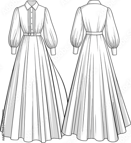Cad drawing flat vector illustration, bishop sleeve dress technical sketch, front and back view, fashion template, garment construction detail, belted design