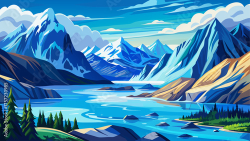 Very beautiful Glacier Bay National Park watercolor illustration, hand-drawn in soft blue and white tones, depicting glaciers, mountains, and calm ocean waters, capturing Alaska’s pristine natural