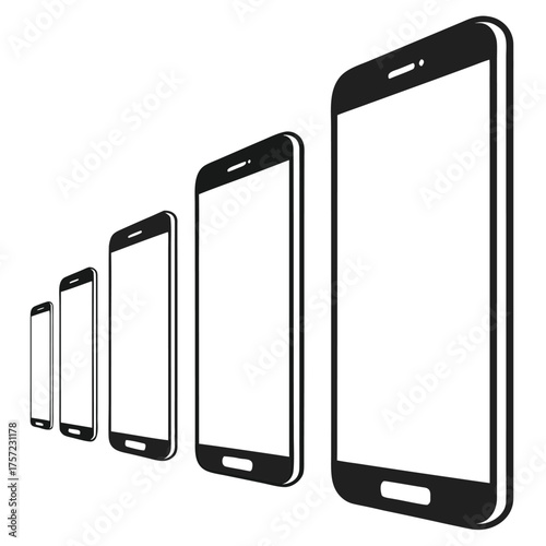 Black and white smartphones line up in perspective view, offering a clean presentation with transparency