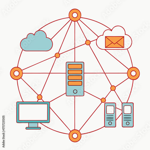 Circular network connects blue cloud, computer, server, cloud storage and network node