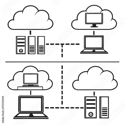 Cloud computing network shows servers, desktops, and laptops connected with dotted lines on white