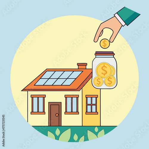 Depicted hand is dropping golden dollar coin into a jar beside a house