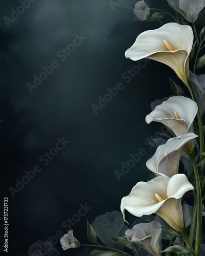 Elegant white lilies on dark vignette background, vertical funeral and condolence banner with soft floral composition symbolizing purity, peace, and remembrance.