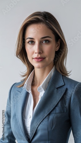woman in journalist attire portrait plain white background