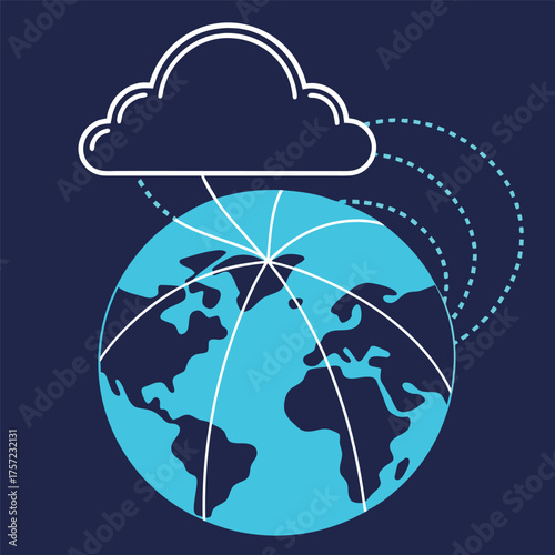 Light blue earth globe connects to a white cloud via dotted lines