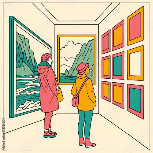 Visitors viewing landscape paintings at an art gallery exhibition