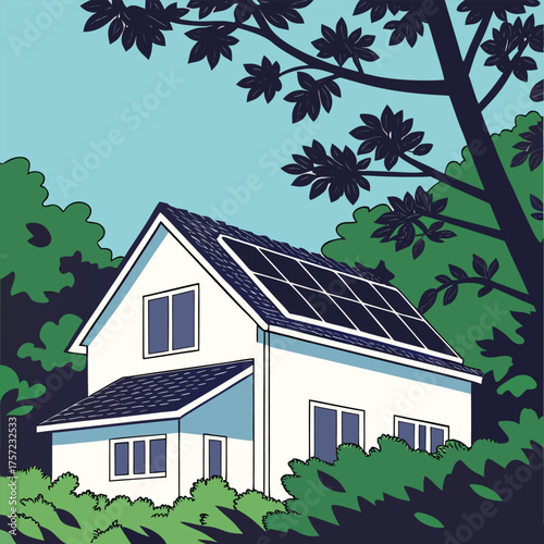 Suburban house shows solar panels surrounded by verdant foliage against a serene light blue sky