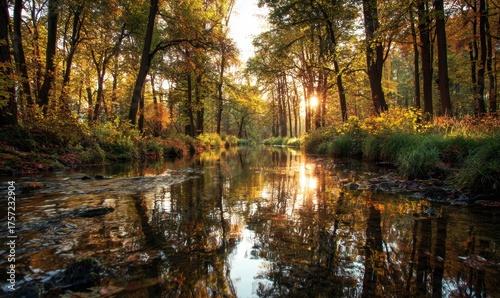 Serene Autumn River Scene with Colorful Foliage and Reflections