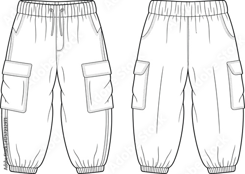 Cad drawing flat vector illustration, cargo pants technical sketch, front and back view, fashion template, garment construction detail, flap pockets