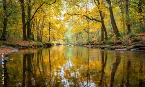 Serene Autumn River Scene with Golden Leaves and Calm Water Reflection