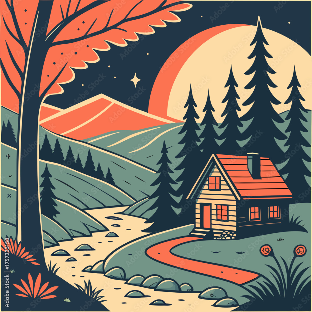 Naklejka premium Serene riverside cabin nestled in a peaceful pine forest illustration