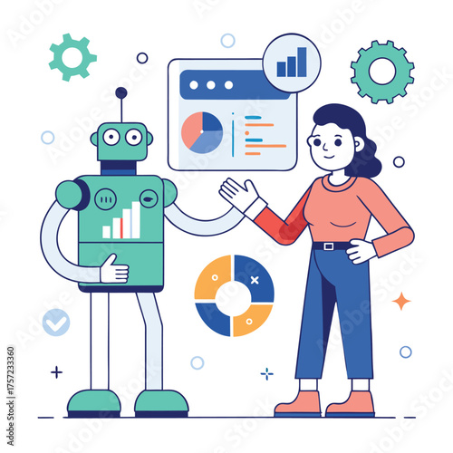 Stylized robot character and human collaborating on a project modern design teamwork concept illustration