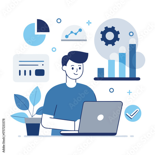 Digital marketing strategist analyzing keyword performance data on a computer screen with charts and graphs for business growth strategies