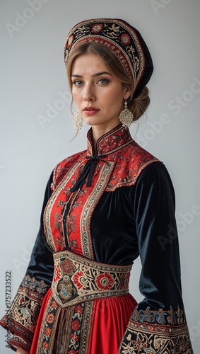 woman in traditional Russian sarafan dress portrait plain white background