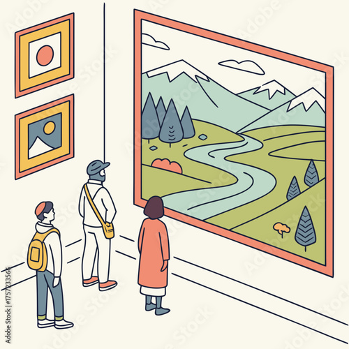 People admiring a large landscape painting at an art gallery exhibition