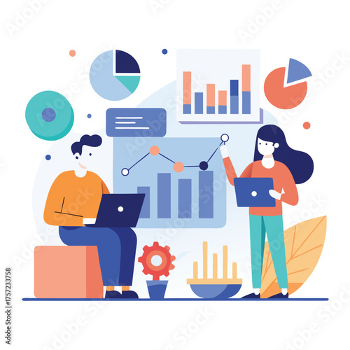 Diverse team of business analysts collaborating and analyzing financial charts and data on a digital screen
