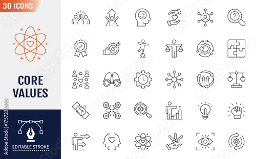 Core Values Icons set.  Containing icons: happiness, work, community, and more. Vector illustration