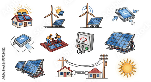 Illustrations of renewable energy sources and installations