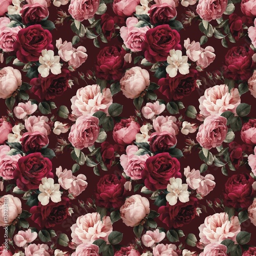 Seamless rose bouquet pattern, dark red and blush pink, vintage style, high-resolution fabric background 