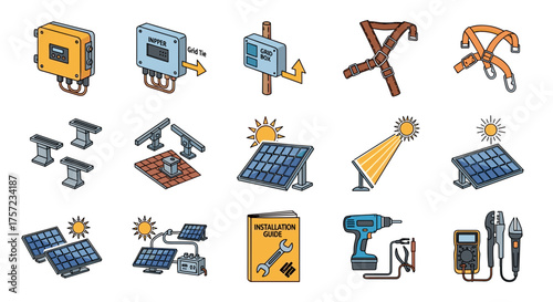 Isometric solar panel installation components and equipment set