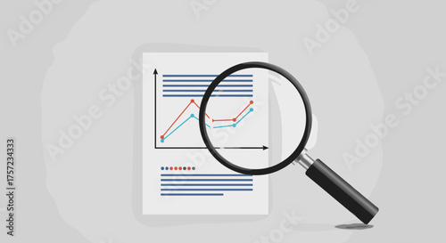 Magnifying glass over document with graphs and text lines
