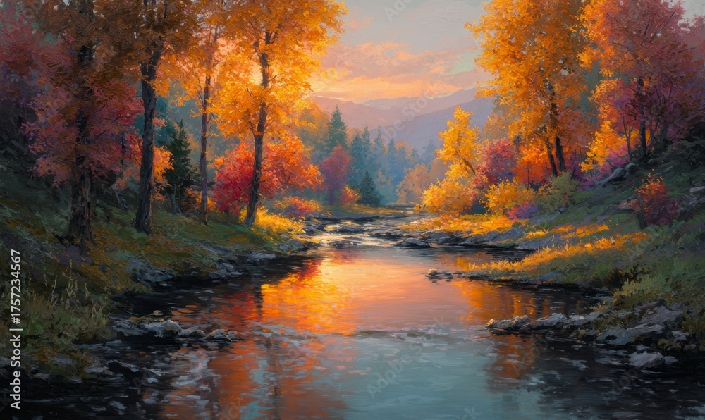 Fototapeta premium Serene Autumn Landscape with Vibrant Colors and Tranquil Water
