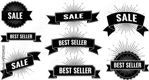 Retro 90s Sale Best Seller Badges Black Silhouette Vector Set. Discount, Promo, Offer, Label, Starburst, Vintage, E-commerce, Marketing.
