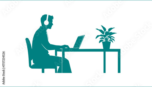 Hybrid Remote Work Silhouette Vector. Freelancer Home Office Concept. Digital Nomad, Telecommuting, Laptop User, Business, Minimalist Icon, Plant, Desk, Isolated Graphic, Black.