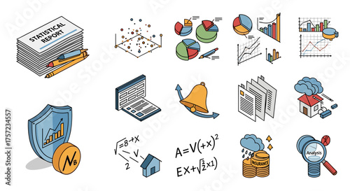 Isometric icons depicting business analysis and data reports