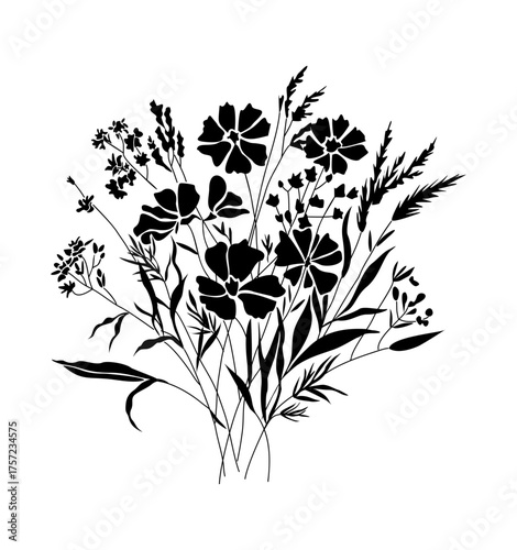 Black and white vector of a wildflower bouquet with poppy-like flowers, delicate stems, and grasses, minimalist silhouette style, clean lines, centered composition on transparent background