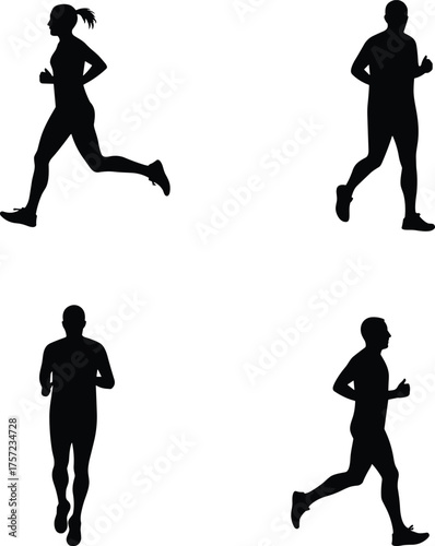 Running silhouettes, jogging figures, athletic training, fitness exercise, sport movement, marathon runners, healthy lifestyle, outdoor activity, biomechanics study, sports illustration, workout