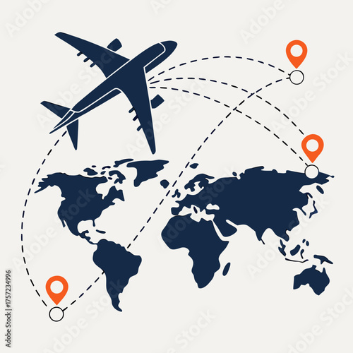 International air travel concept with flight routes on a world map
