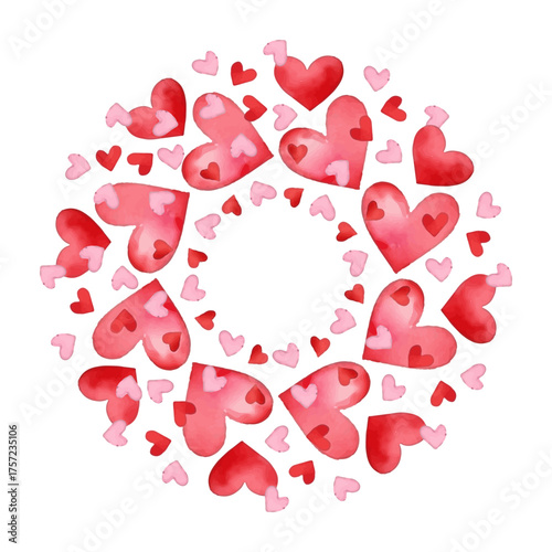 Round watercolor frame with red hearts for Valentine's Day in the shape of a heart. Romantic hand drawn elements isolated on white, perfect for card design, printable stickers, invitations and digital