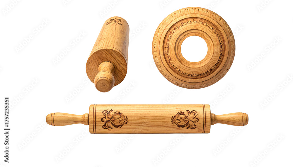 Fototapeta premium Wooden rolling pin and dough cutter duo, isolated on transparent background