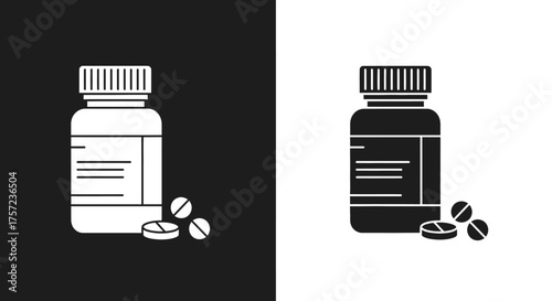 Minimalist Pill Bottle Medicine Icon Vector Set in Black and White