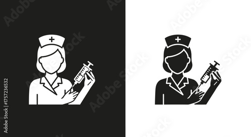 Minimalist Nurse Icon Vector with Syringe for Medical Vaccination Graphics in Black and White