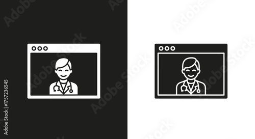 Minimalist Telemedicine Vector Icon with Online Doctor in Video Call Window