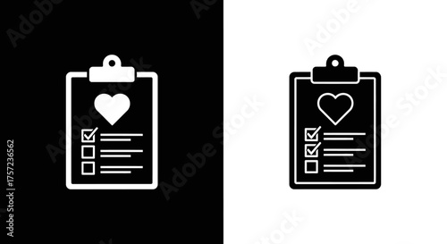 Minimalist Health Checklist Vector Icon Set with Clipboard and Heart Symbol in Black and White