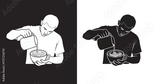 Barista Making Latte Art Vector Illustration in Black and White Stylized Design