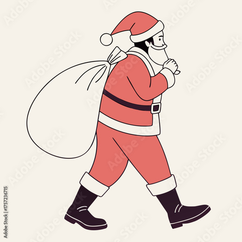 Walking Santa Claus character carrying a large Christmas sack
