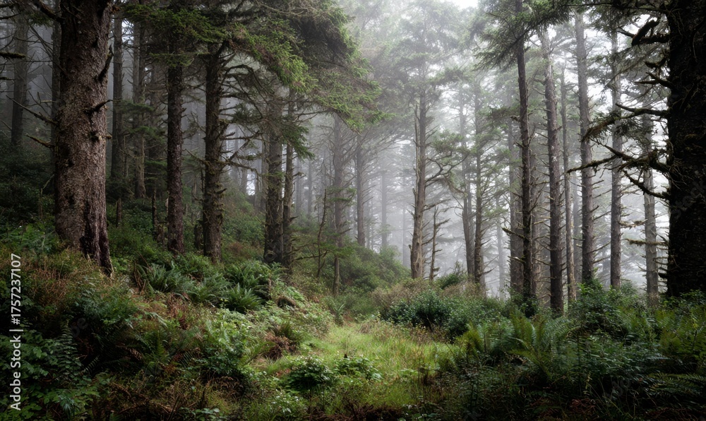 Obraz premium Misty Forest Scene with Lush Greenery and Tall Trees in Fog